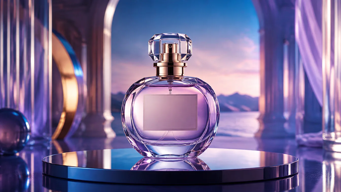 Blank-label glass perfume bottle staged on a mirrored pedestal