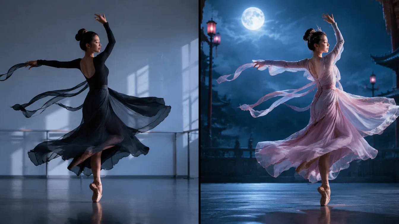 Matching dance poses shown in a studio and moonlit stage scene