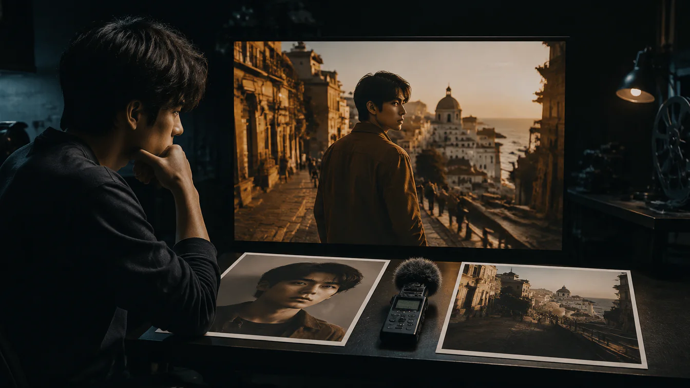 Filmmaker reviewing a finished coastal scene beside portrait and audio references
