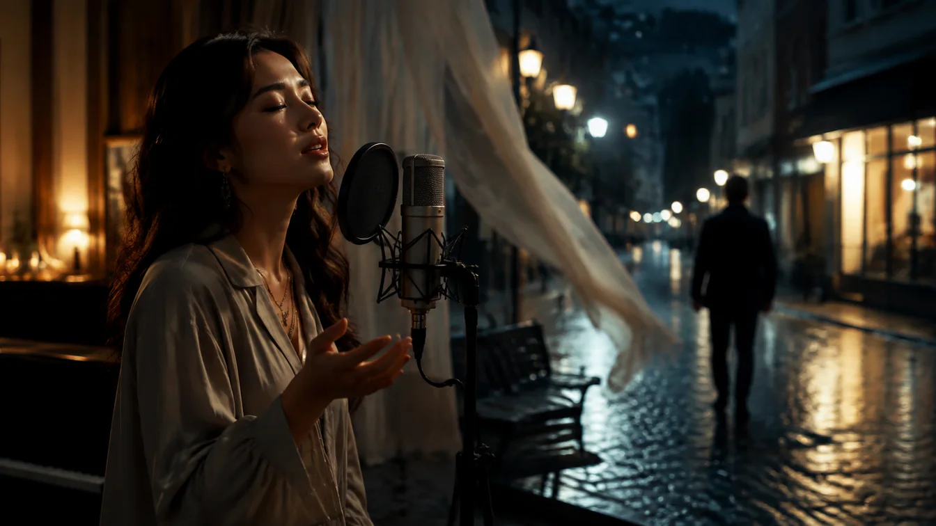 Vocalist recording in a studio blended with a rain-lit night street