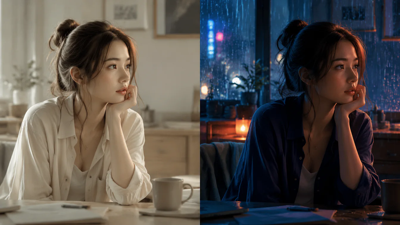 Same woman and composition shown in daylight and rain-lit interiors