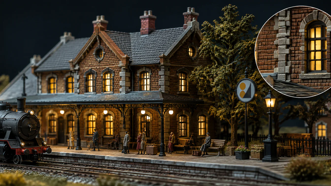 Detailed miniature train station with a magnified brick and window inset